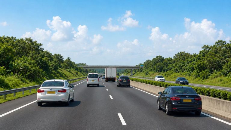 Vehicles travelling on a two-lane expressway in Sri Lanka