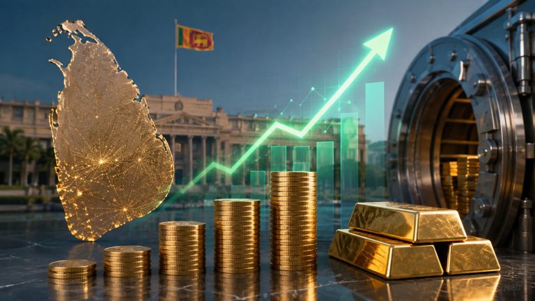 Illustration of Sri Lanka’s rising official reserves with gold bars, dollar coins and an upward financial growth chart
