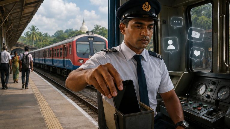 Sri Lanka railway employee putting away a mobile phone while on duty