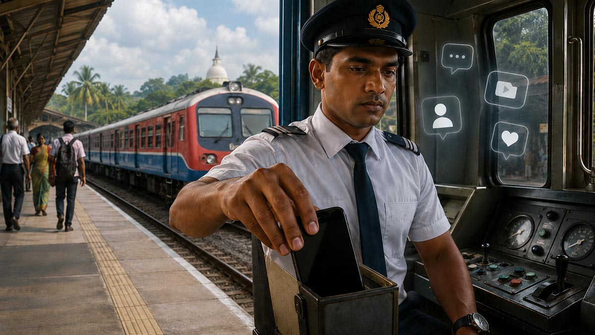 Sri Lanka railway employee putting away a mobile phone while on duty