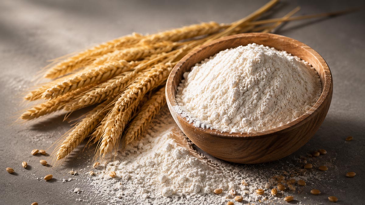 Tilted bowl of wheat flour with spilled flour and raw wheat stalks on a surface