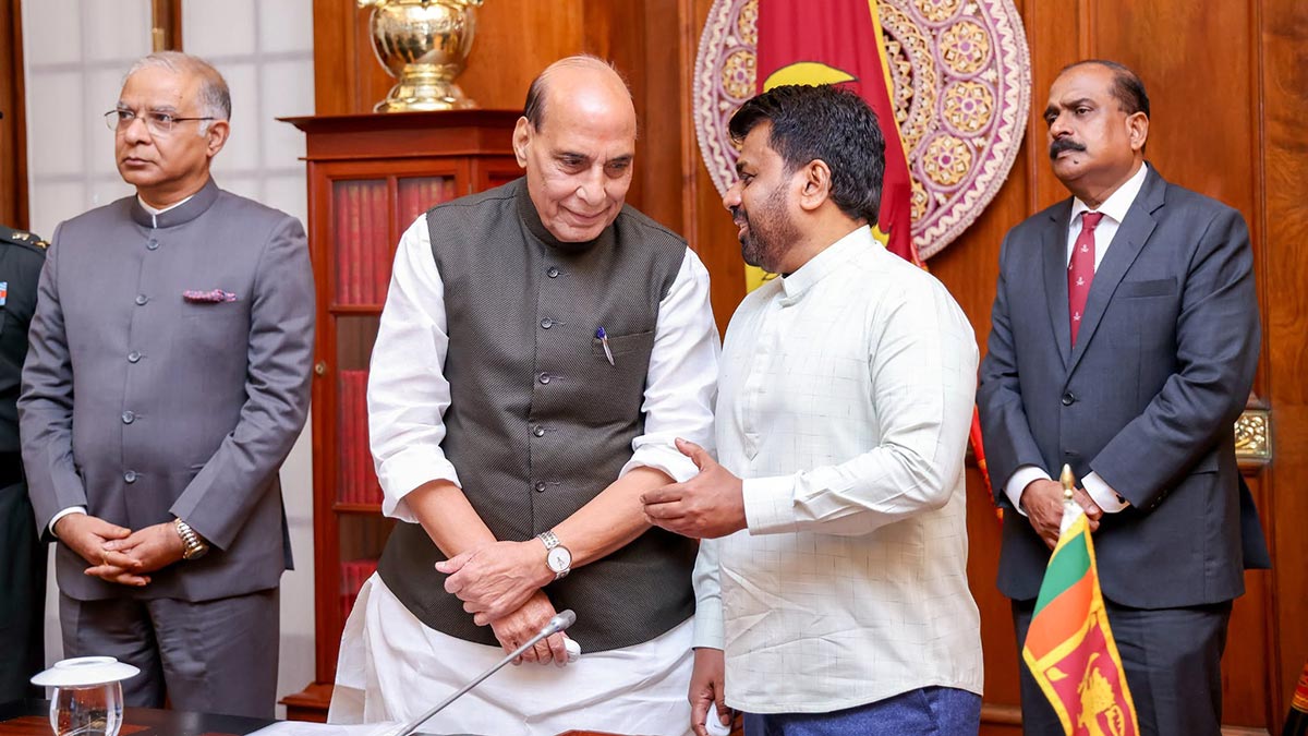 Sri Lankan President Anura Kumara Dissanayake in conversation with Indian Defence Minister Rajnath Singh at the Presidential Secretariat in Colombo