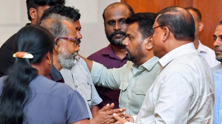 Sri Lankan President Anura Kumara Dissanayake in an emotional discussion with the parents of Sivarasa Anojan at the Presidential Secretariat in Colombo