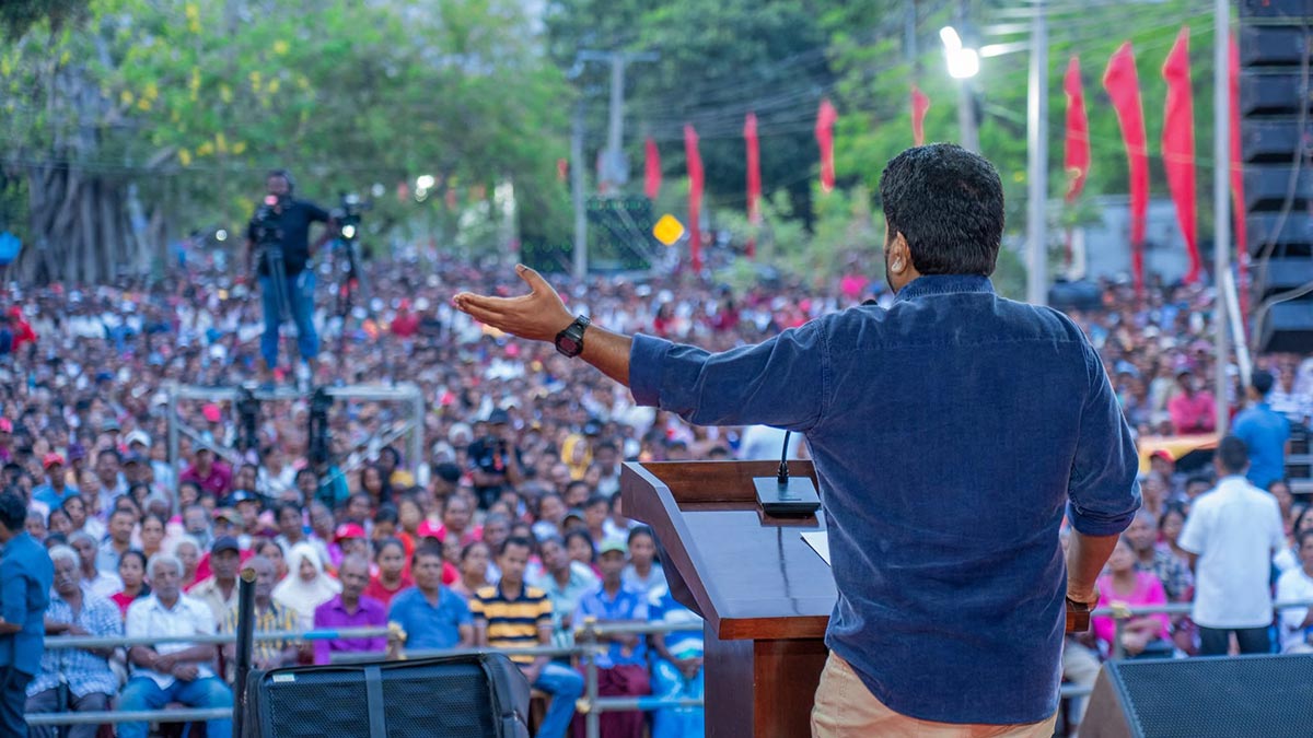 Sri Lanka President Anura Kumara Dissanayake addressing the farmers' rally in Polonnaruwa