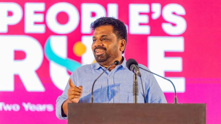 Sri Lanka President Anura Kumara Dissanayake speaking at the Bulathsinhala rally in Kalutara