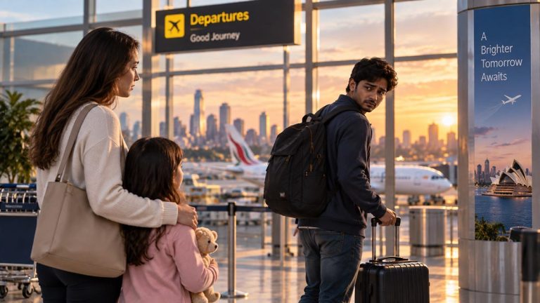 Sri Lankan international student looking back at his family at an airport before travelling to Australia