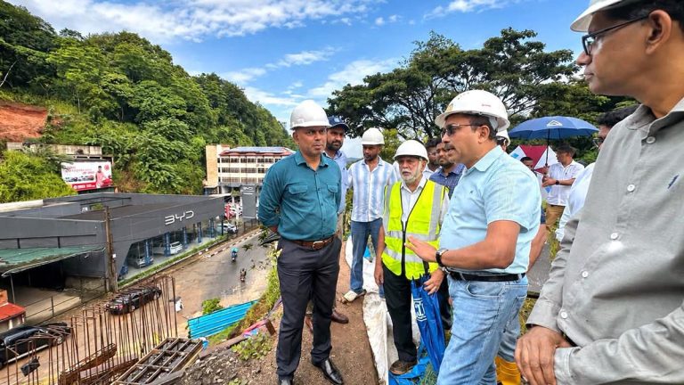 Minister Bimal Rathnayake inspecting construction work at the Mahaiyawa underpass in Kandy