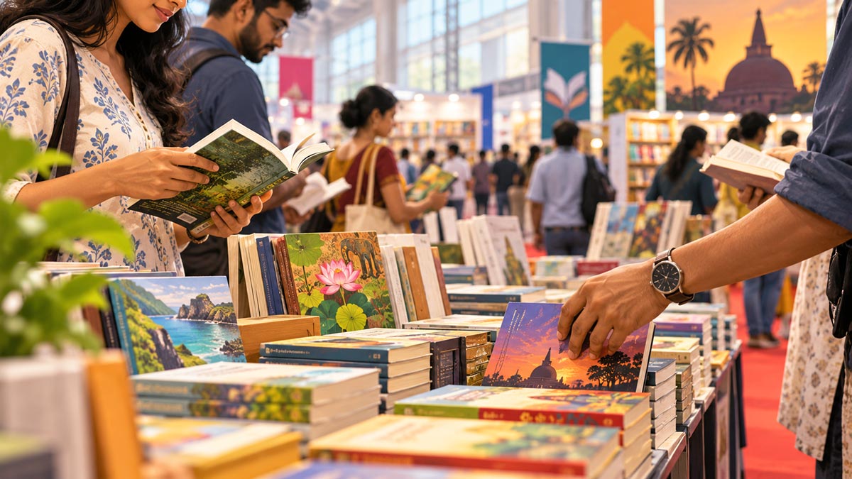 Visitors browse and choose books at the Colombo International Book Fair