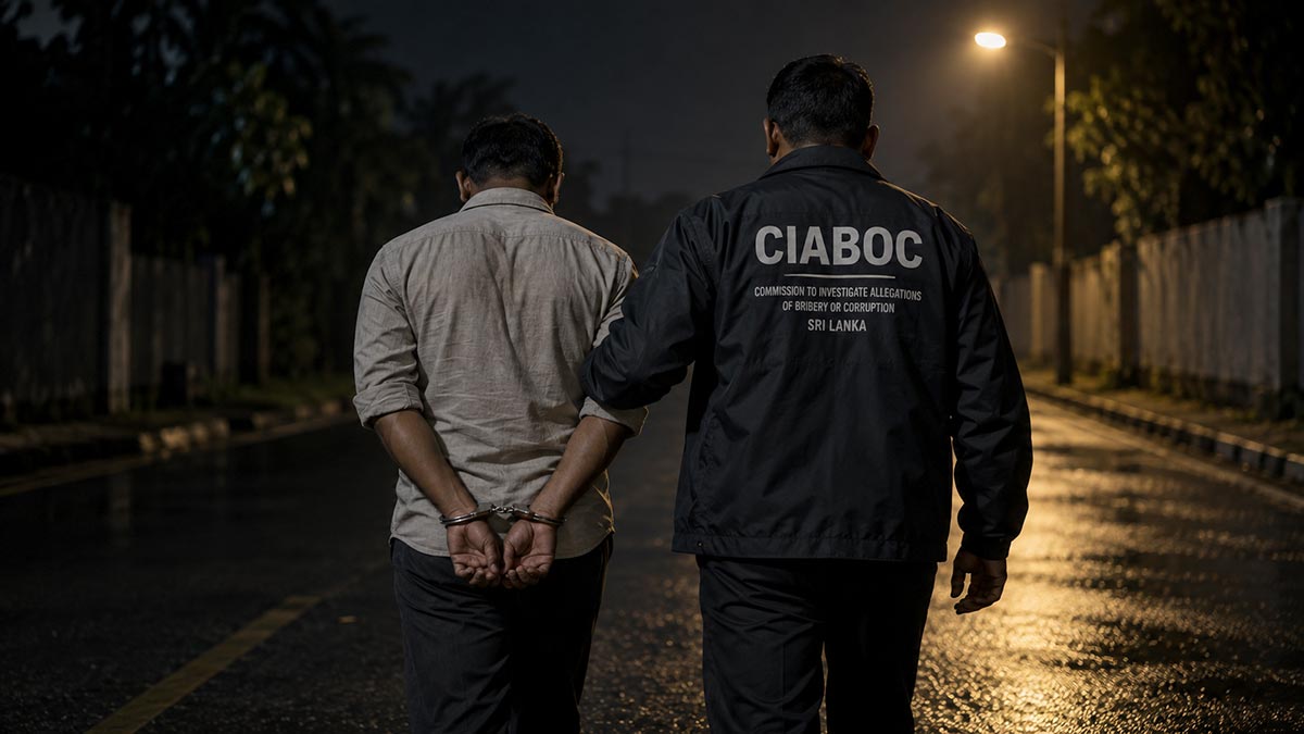 Commission to Investigate Allegations of Bribery or Corruption (CIABOC) officer escorting an arrested suspect on a dark road