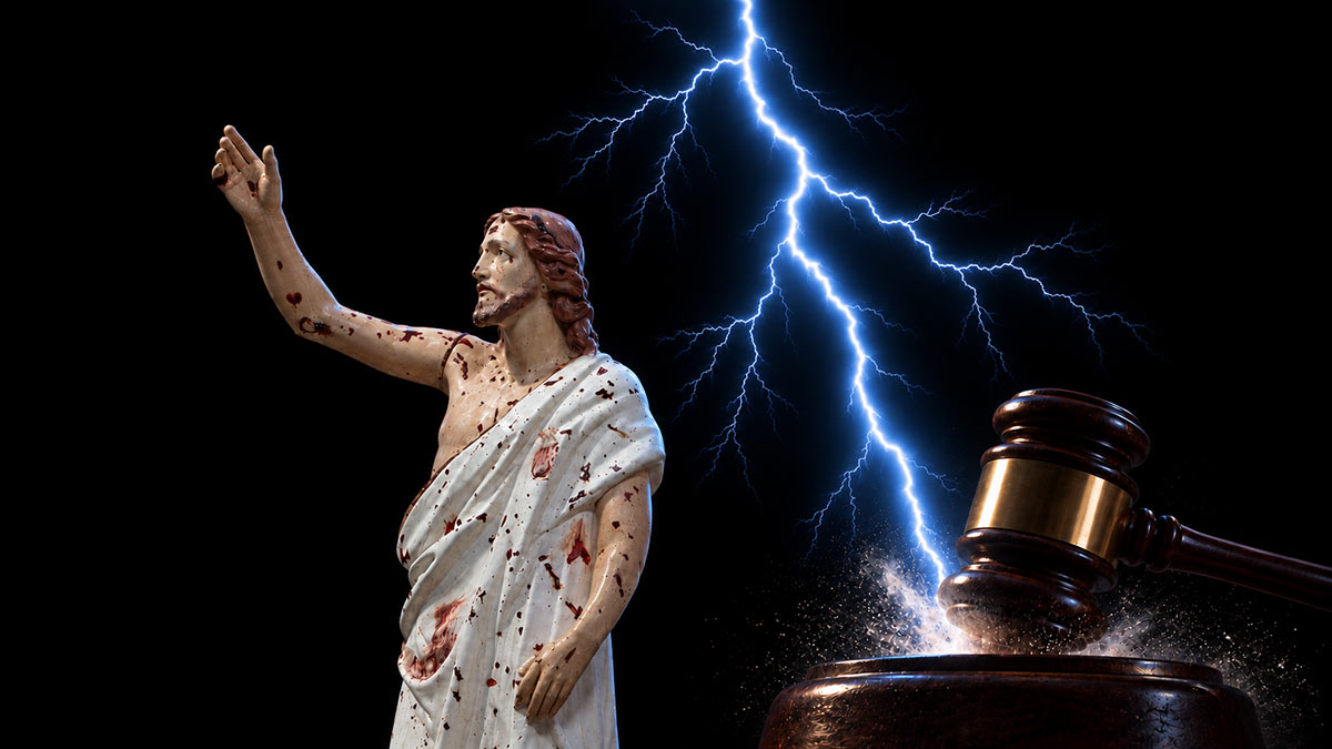 Artistic illustration of a blood-stained Jesus statue, lightning and a judge’s gavel representing the Easter Sunday attack case judgement