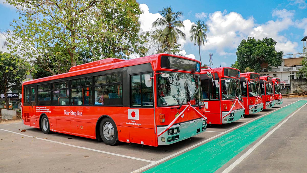 Japan-donated low-floor buses parked at the Thalangama Metro Depot in Sri Lanka
