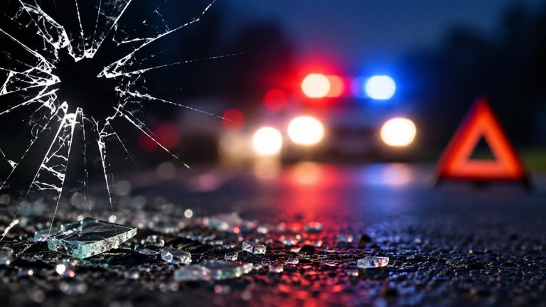 Road accident scene with broken glass and emergency vehicle lights