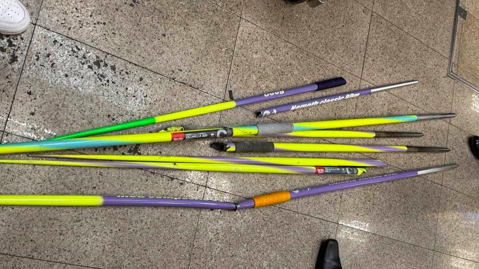 Rumesh Tharanga’s damaged javelins lying on the floor at the airport after his return to Sri Lanka