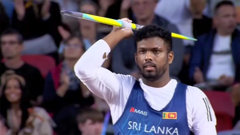 Rumesh Tharanga Pathirage preparing for his final javelin throw at the 2026 World Athletics Ultimate Championship