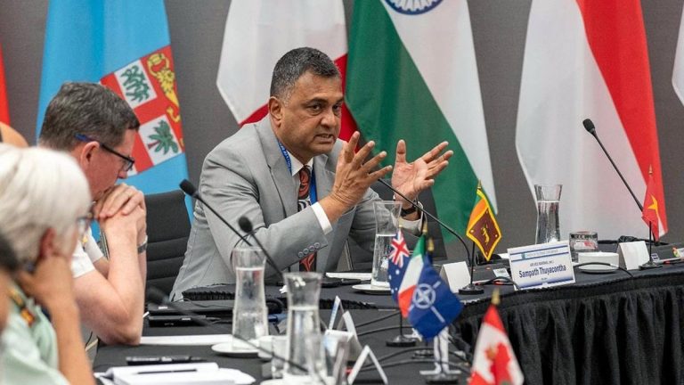 Sri Lanka Defence Secretary Air Vice Marshal Sampath Thuyacontha speaking at the Indo-Pacific Chiefs of Defence Conference in Canada