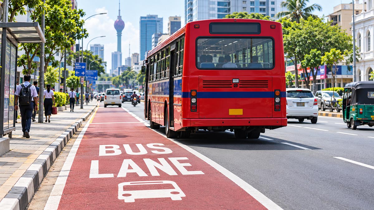 A bus travelling in a bus priority lane in Colombo, Sri Lanka