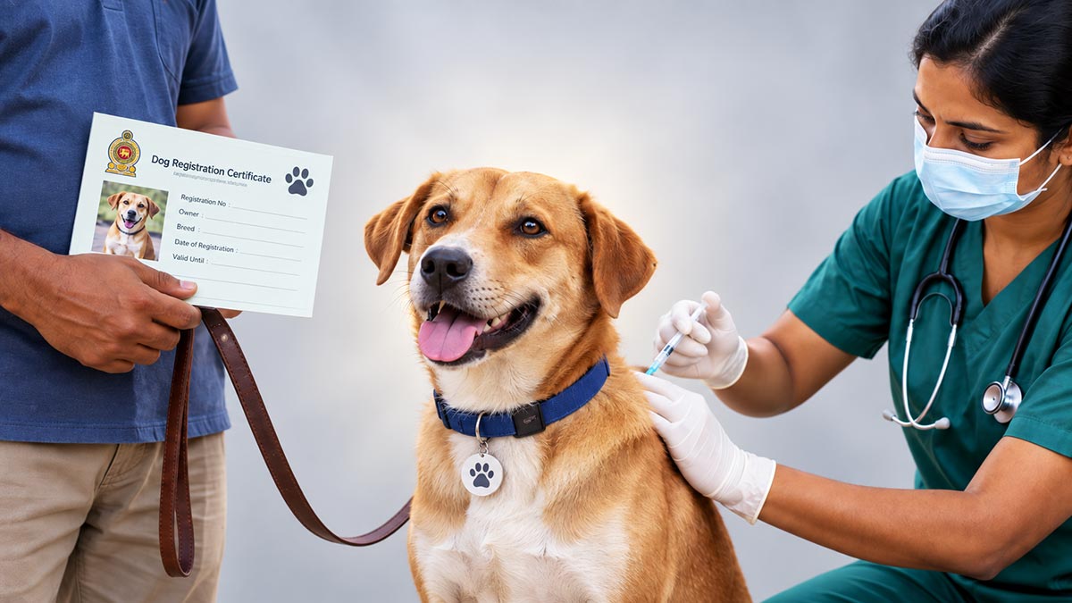 Dog receiving a rabies vaccination while its registration certificate is displayed in Sri Lanka