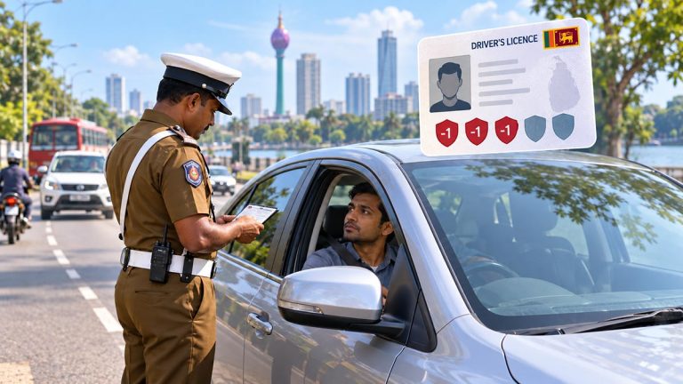 Sri Lanka traffic police officer checking a motorist as driver demerit points are deducted from a driving licence