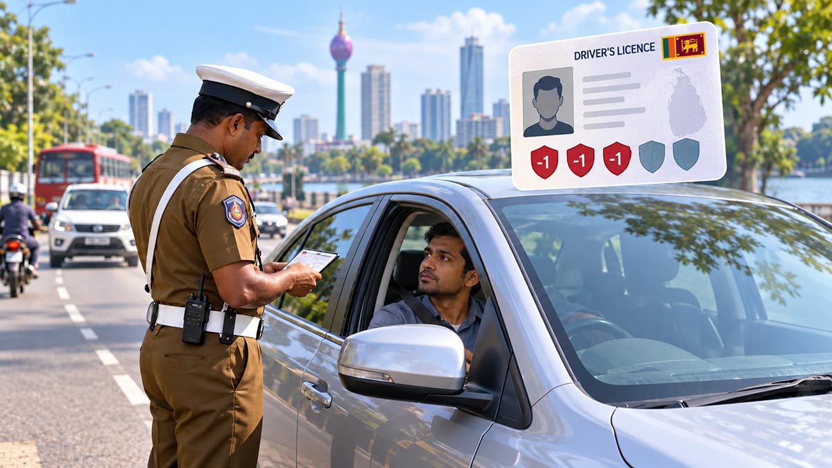 Sri Lanka traffic police officer checking a motorist as driver demerit points are deducted from a driving licence