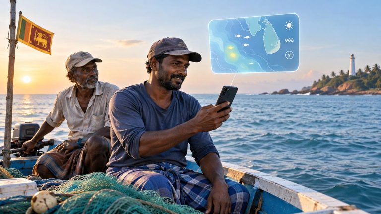 Sri Lankan fishermen using a mobile app while at sea