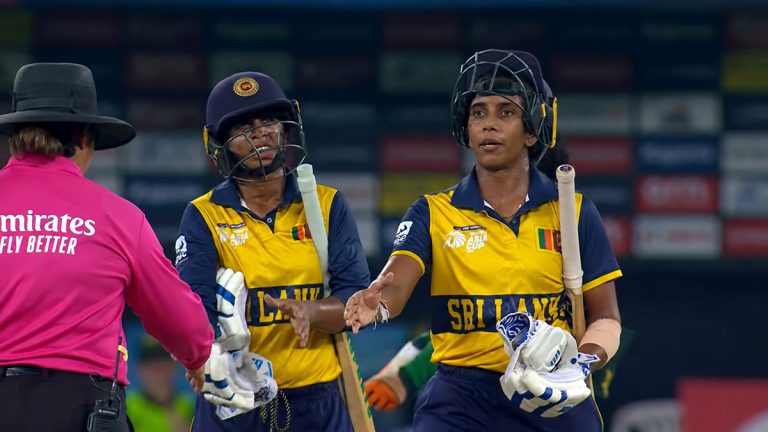 Sri Lanka players greet the umpire after beating Pakistan to reach the Women’s Asia Cup final