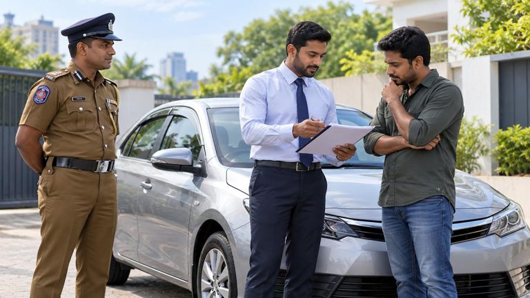 Sri Lanka Police officer observes a leasing representative discussing vehicle repossession documents with a vehicle owner