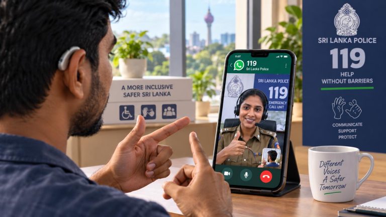 Hearing-impaired person using sign language during a WhatsApp video call with Sri Lanka Police 119 Emergency Call Unit