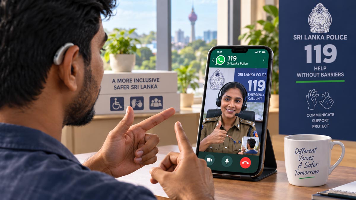 Hearing-impaired person using sign language during a WhatsApp video call with Sri Lanka Police 119 Emergency Call Unit
