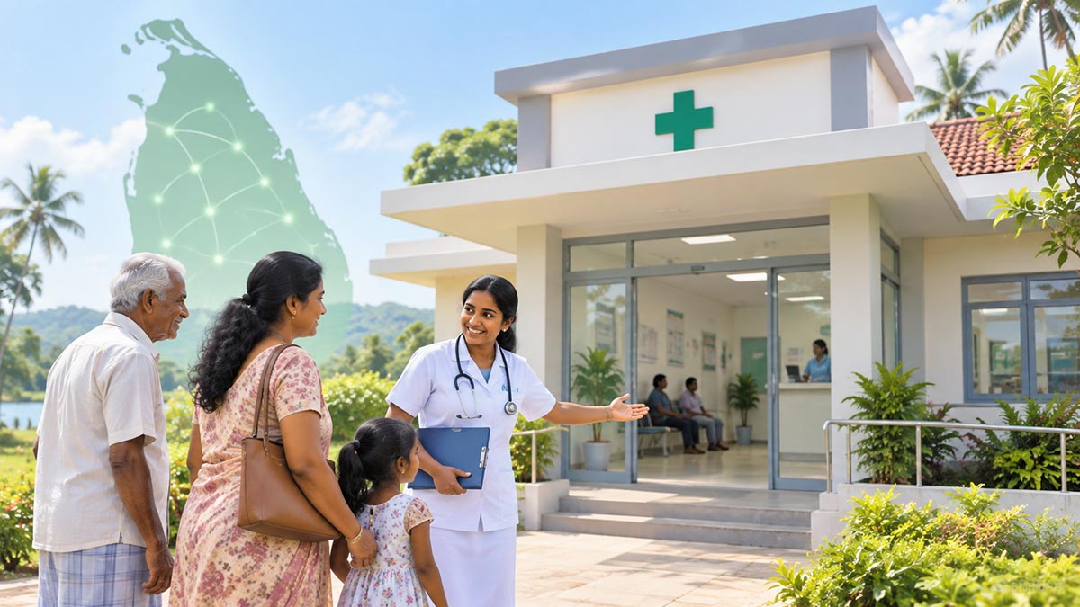 Primary healthcare centre in Sri Lanka with a healthcare worker welcoming patients