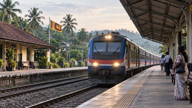 Train passing through a railway station in Sri Lanka