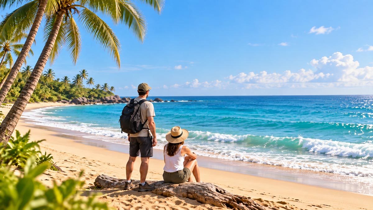 Tourists enjoying a tropical beach in Sri Lanka