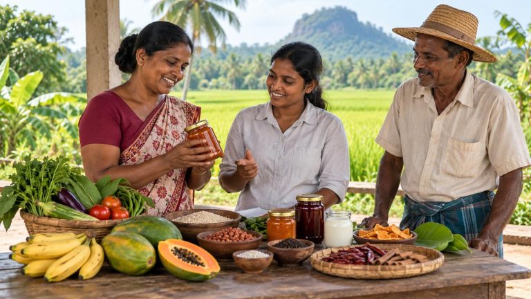 Sri Lankan farmers displaying value-added agricultural products made from local fruits, vegetables, grains and spices