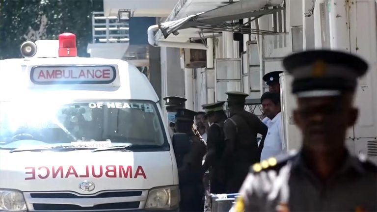 Ambulance and prison officers at the National Eye Hospital in Colombo during Shiranthi Rajapaksa's hospital visit on October 9, 2026