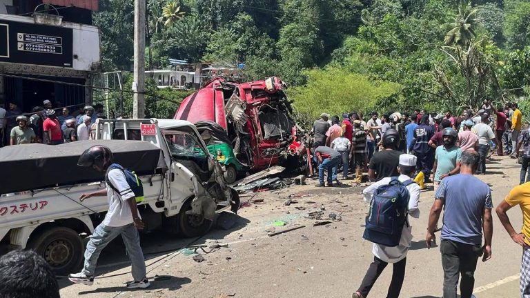 Overturned cement mixer truck following the fatal road accident near Kurugoda Junction in Akurana