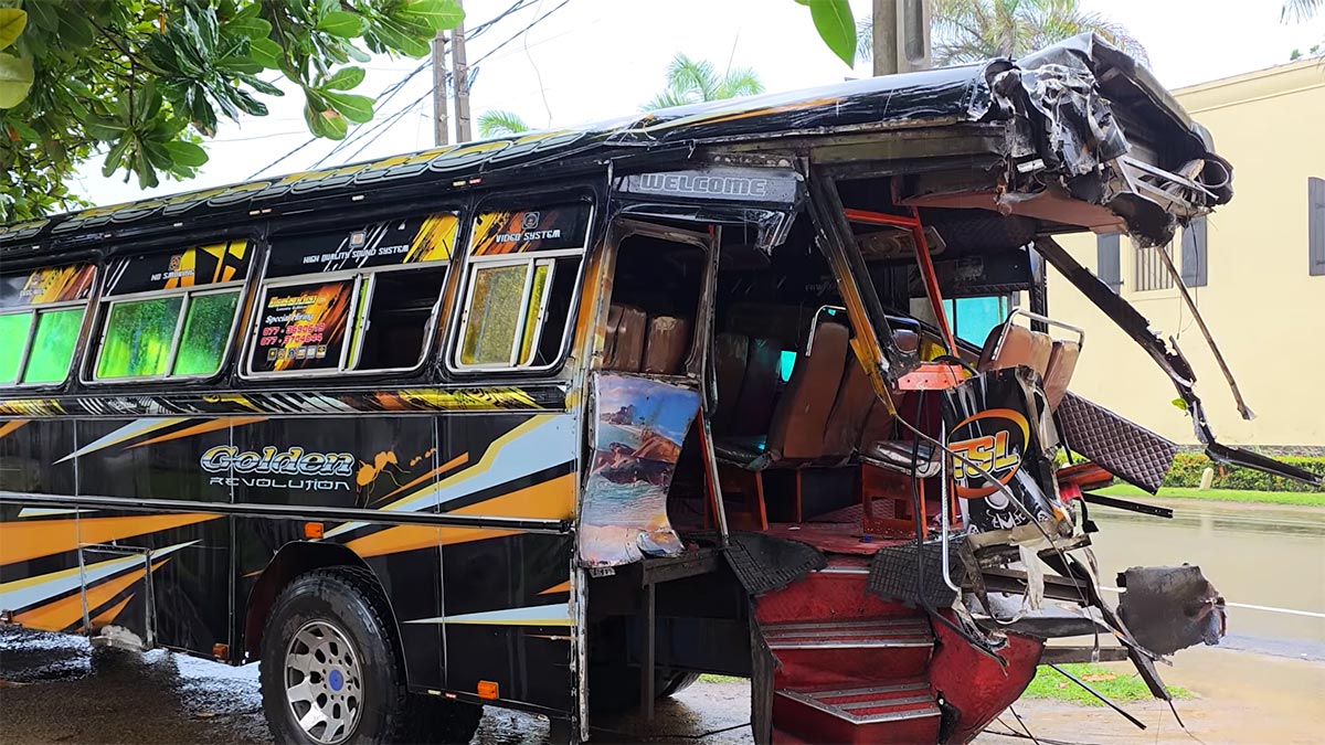 Damaged bus involved in a collision with a train at a railway crossing in Koggala, Sri Lanka, on October 25, 2026
