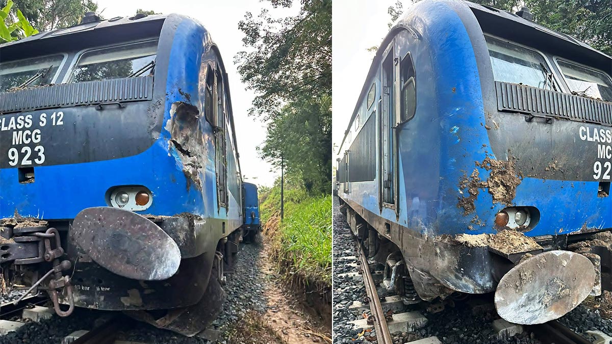 Damaged Peradeniya-Colombo Fort express train after derailment between Gangoda and Kadigamuwa on October 5, 2026