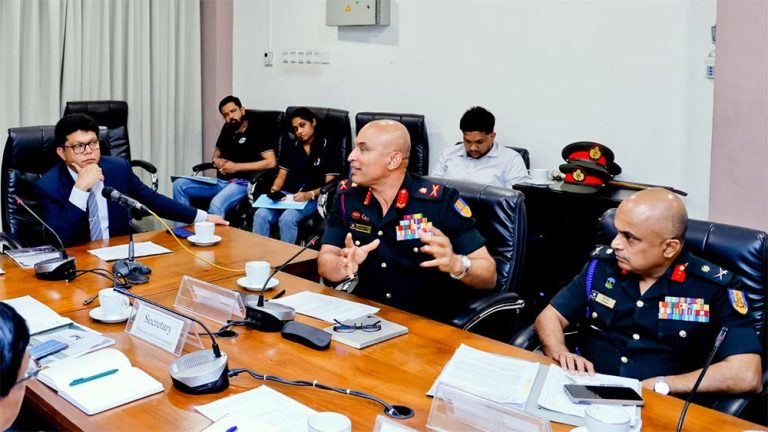 Environment Minister Dr. Dhammika Patabendi and senior defence and government officials attending a meeting on wild elephant protection at the Ministry of Environment in Sri Lanka