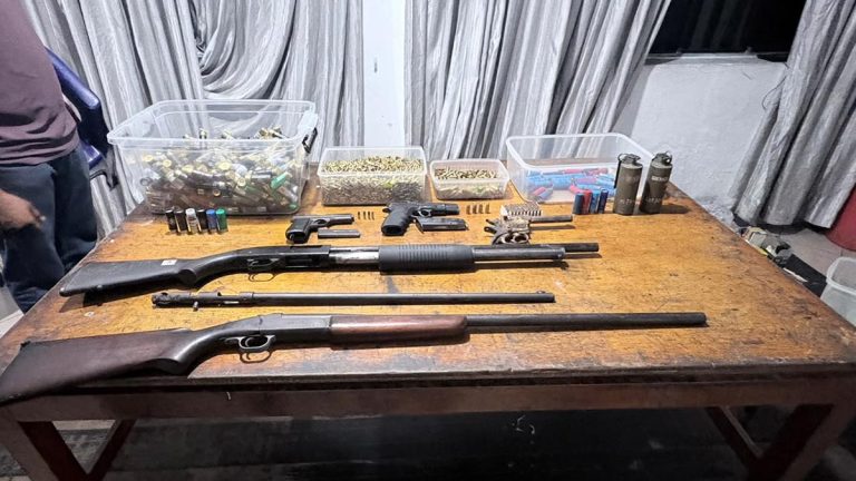 Firearms, ammunition and hand grenades seized by police from a cinema hall in Kirindiwela, displayed on a table