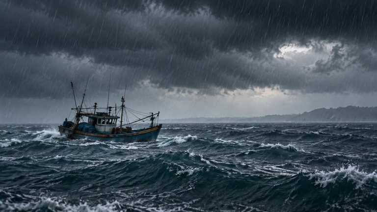 Fishing boat at sea amid heavy rain, dark storm clouds and rough waves