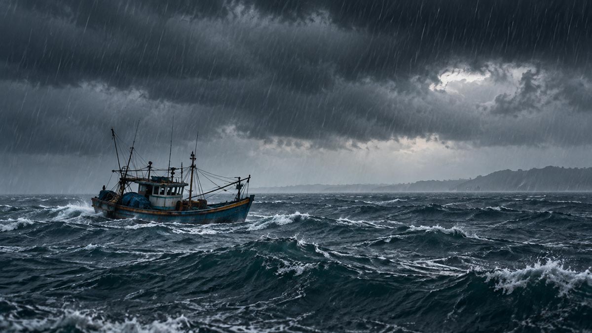 Fishing boat at sea amid heavy rain, dark storm clouds and rough waves