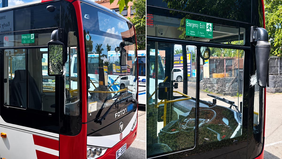 Damaged Metro bus showing a broken side mirror and glass following an alleged deliberate collision in Miriswatta, Sri Lanka