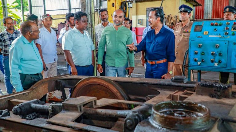 Deputy Minister of Transport and Highways Dr. Prasanna Gunasena inspecting S11 train engine maintenance work at the Maligawatta Railway Yard on October 23, 2026