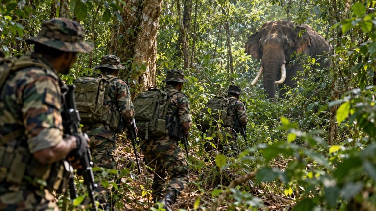 Sri Lanka Army soldiers searching for wild elephant Agbo in the jungle in Thirappane, Anuradhapura