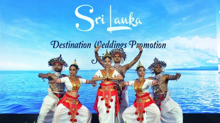 Traditional Sri Lankan dancers perform during the Sri Lanka Destination Weddings Promotion Programme 2026 in India