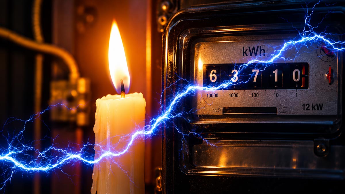 Candle burning beside an electricity meter during a power cut in Sri Lanka