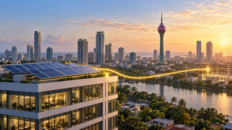 Rooftop solar panels connected to Sri Lanka's electricity grid with the Colombo skyline in the background