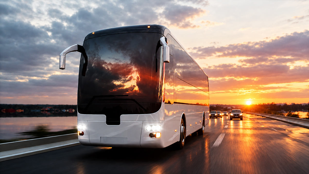 White private bus travelling on a highway in Sri Lanka with cars behind